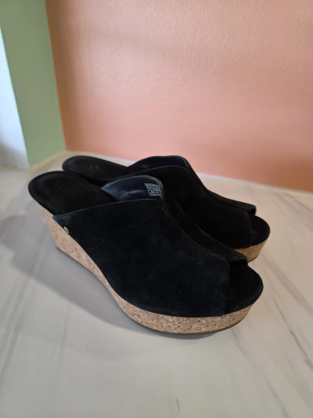 UGG Dominique Black Suede Cork Wedge Slide Mules 9 Boho Chic Festival